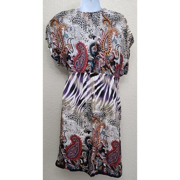 She's Cool Purple Black White Crisscross Bodice Mini Dress Large Batwing Sleeves - Picture 3 of 4